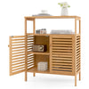 Bamboo bathroom floor storage cabinet featuring a spacious countertop, elevated legs, and slatted doors for ventilation.