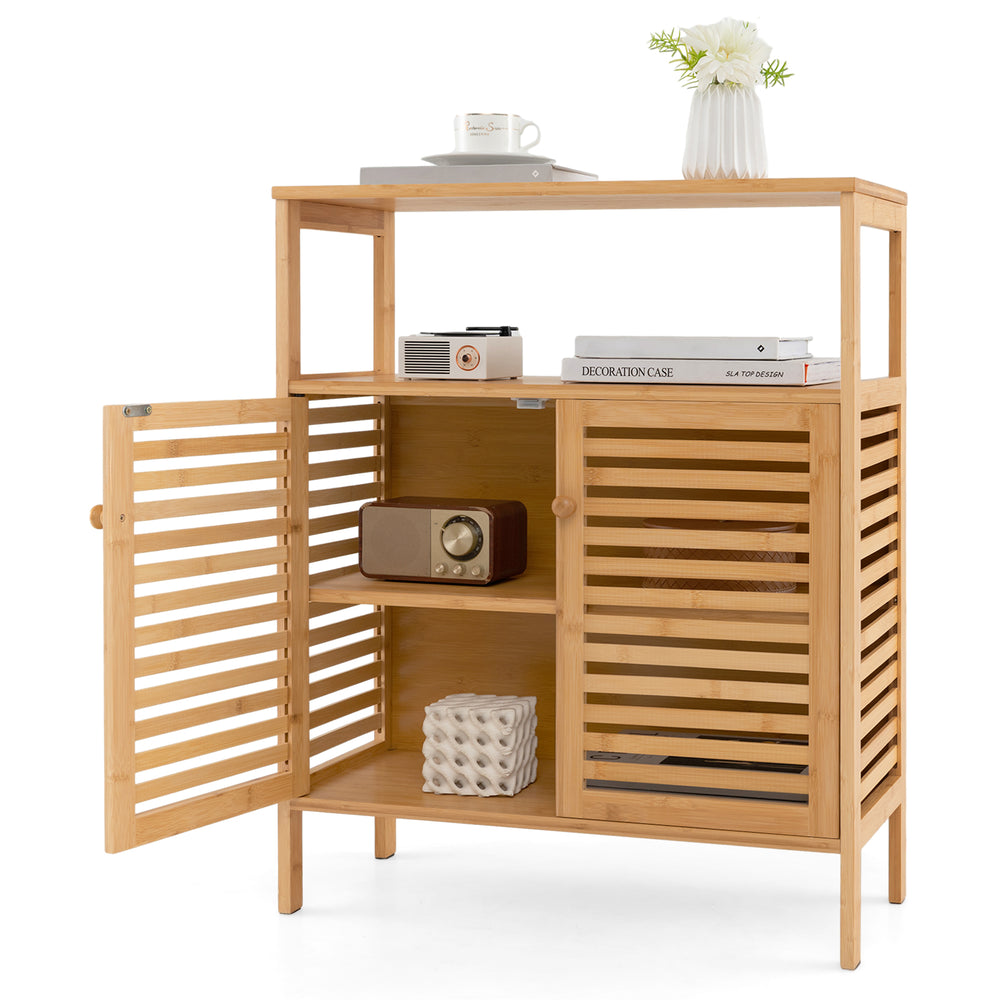 Bamboo bathroom floor storage cabinet featuring a spacious countertop, elevated legs, and slatted doors for ventilation.