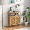 Bamboo bathroom floor storage cabinet showcasing slatted doors, elevated legs, and natural finish for stylish.
