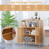 Bamboo bathroom floor storage cabinet with slatted doors, open shelf, and removable shelf for versatile organization.