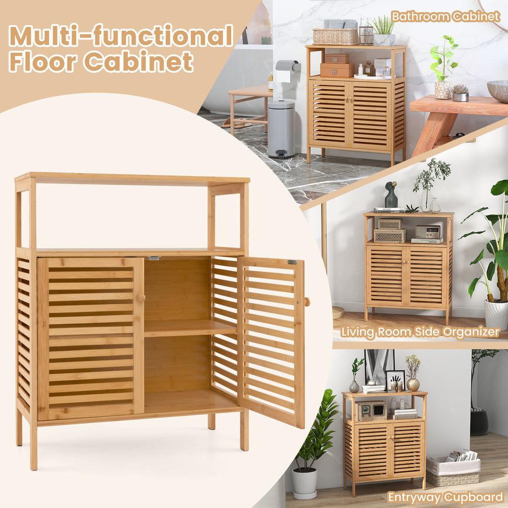 Bamboo bathroom floor storage cabinet showcasing slatted doors, compact design, and lightweight structure for easy.
