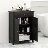 Black bathroom floor cabinet with two doors and a drawer, showcasing ample internal storage and a modern design for.