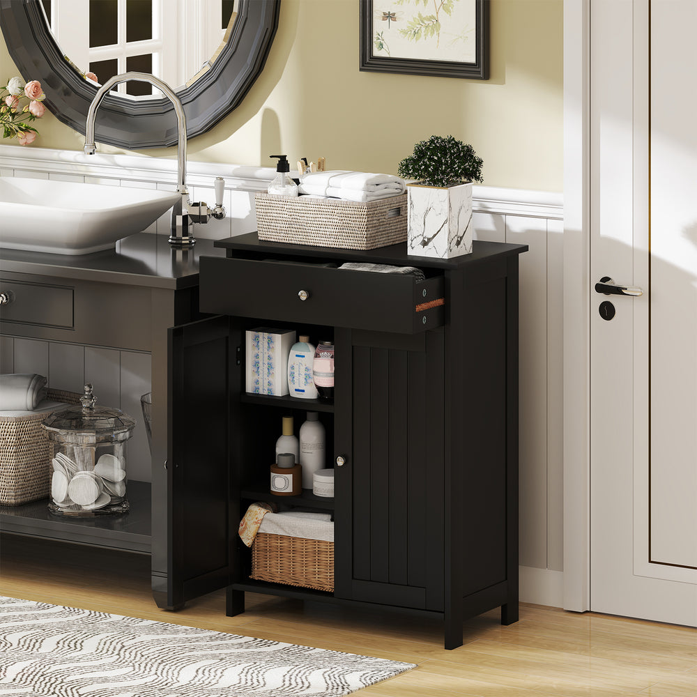 Freestanding black bathroom floor cabinet with 2 doors, drawer, and adjustable shelves for versatile storage.