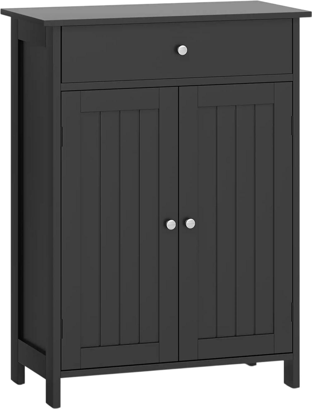 Black bathroom floor cabinet features a spacious top, smooth surface, and elegant design for stylish storage solutions.