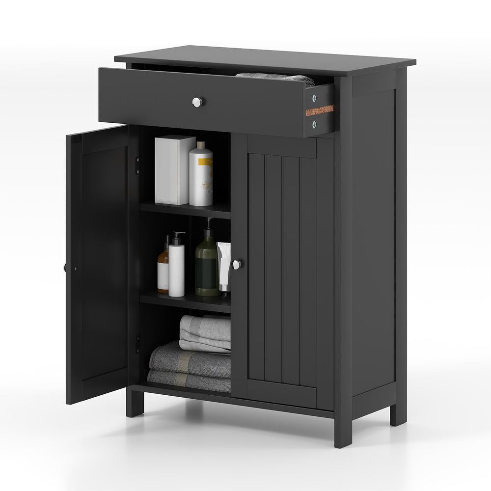 Freestanding black bathroom floor cabinet with 2 doors, a drawer, and adjustable shelves for versatile storage.
