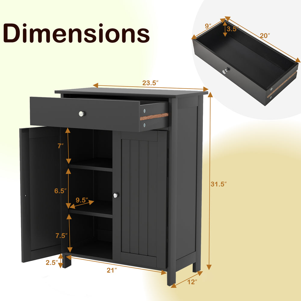 Freestanding black bathroom floor cabinet with 2 doors, drawer, and adjustable shelves for versatile storage solutions.