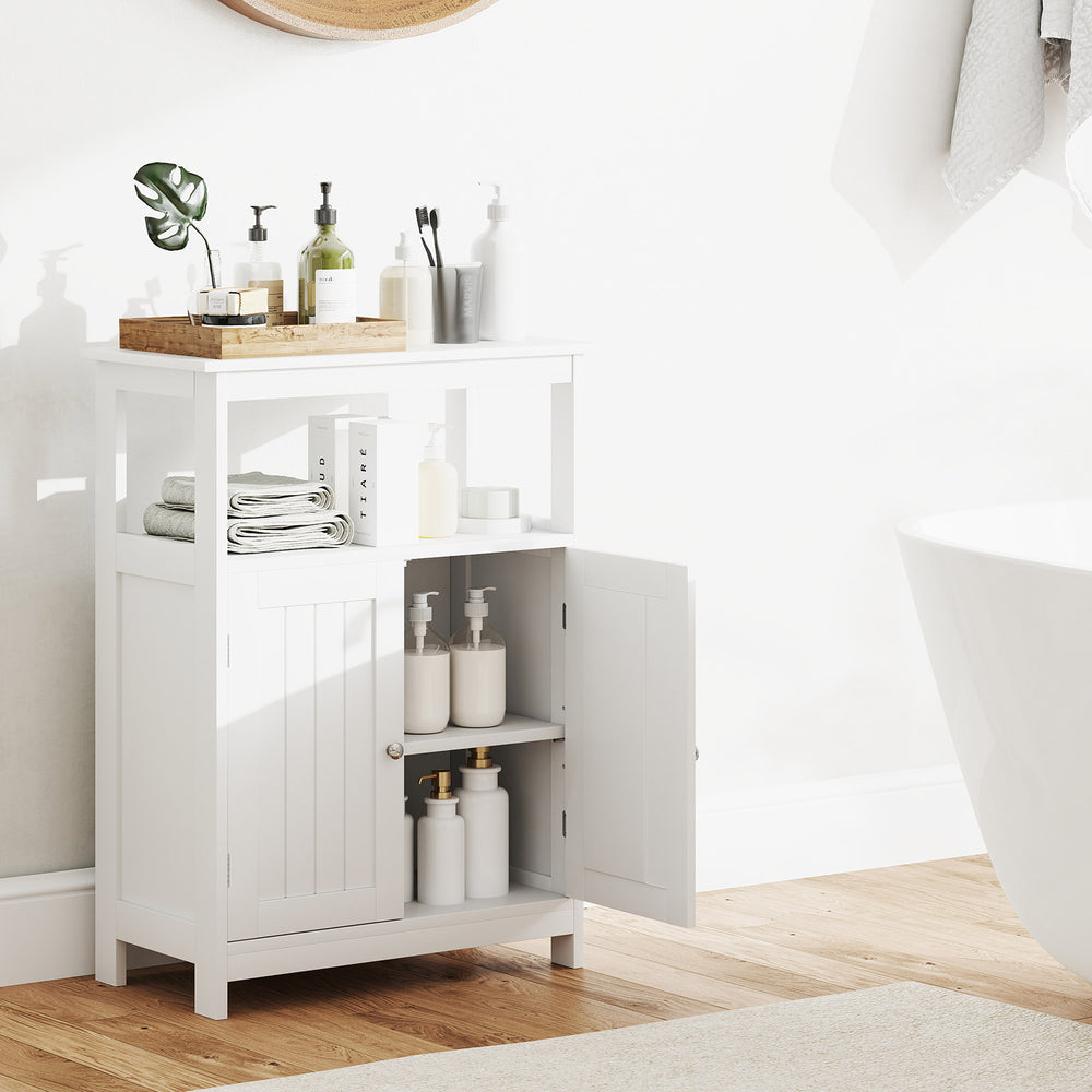 Freestanding white bathroom floor cabinet with open compartment, adjustable shelf, and two doors for organized storage.