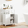 Freestanding white bathroom floor cabinet with open compartment, adjustable shelf, and two doors for organized storage.