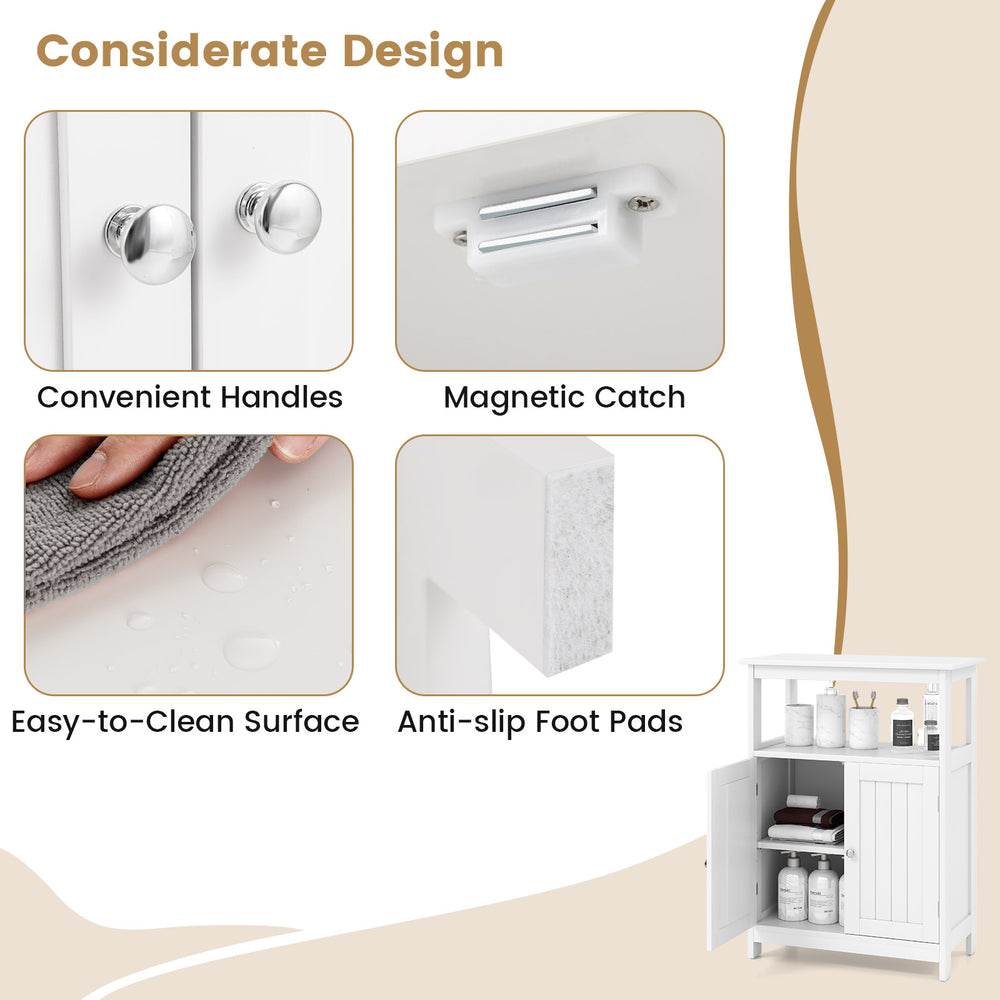 Bathroom floor cabinet features convenient handles, magnetic catch, and anti-slip foot pads for secure storage.