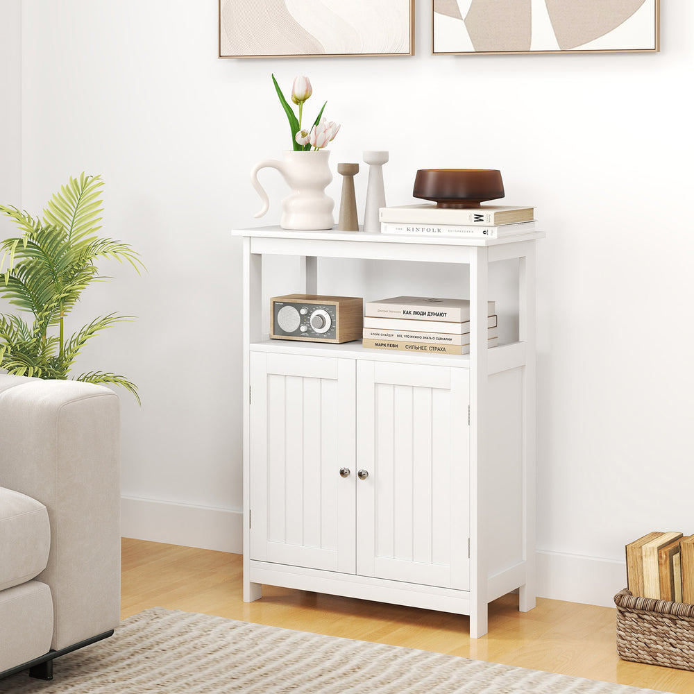 Freestanding white bathroom cabinet with a spacious top and two doors, perfect for stylish storage in any room.