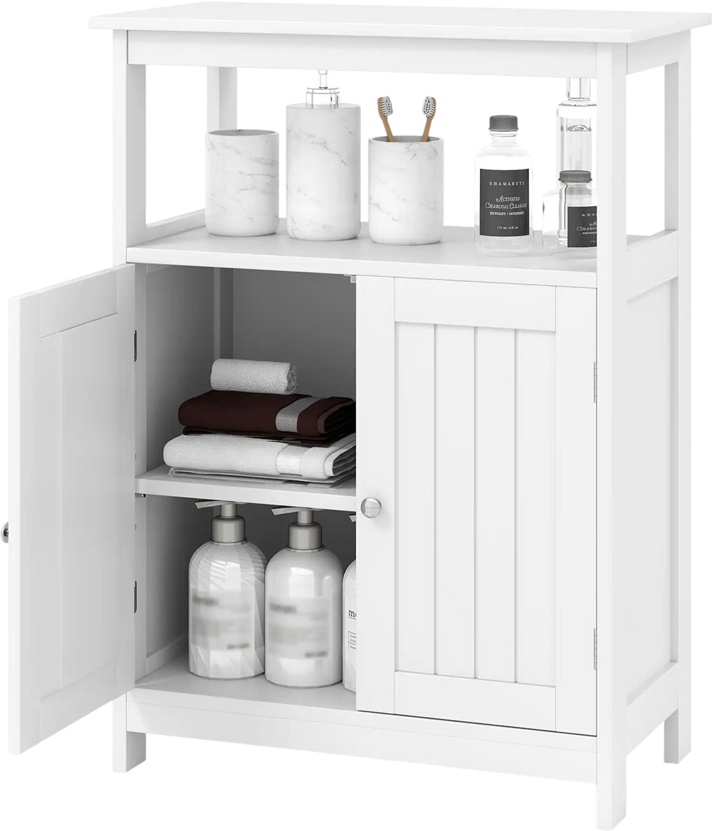 Freestanding white bathroom floor cabinet with open compartment and adjustable shelf for versatile storage solutions.