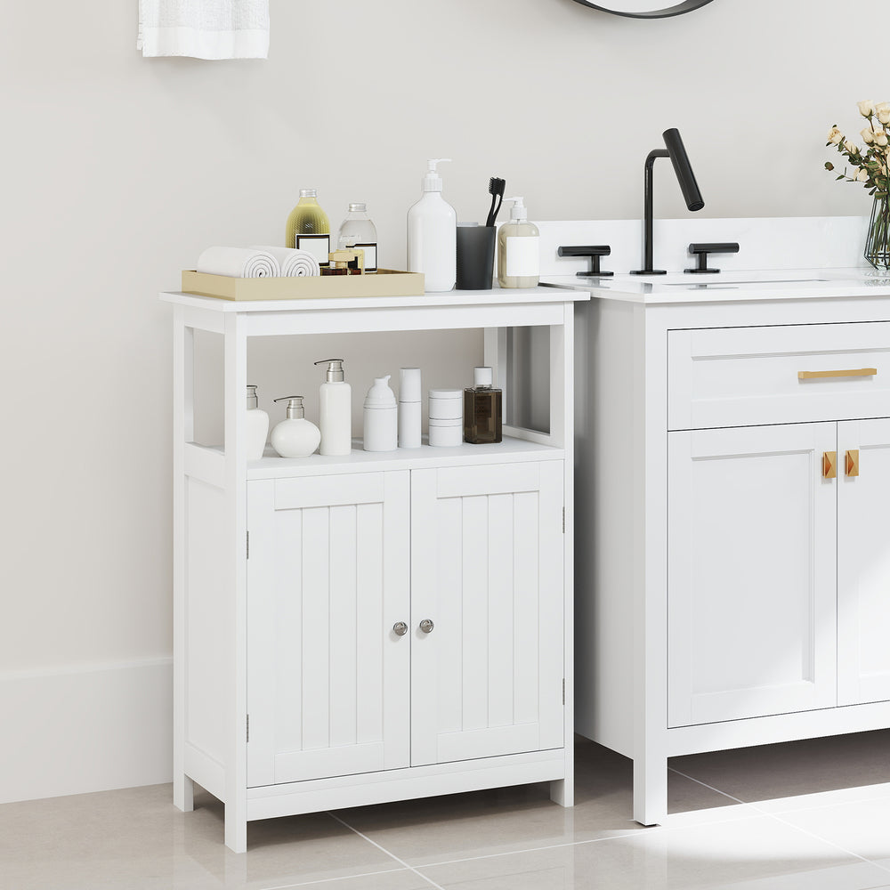 Freestanding white bathroom storage cabinet features a spacious top and two doors for secure and stylish organization.