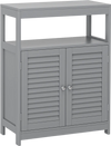 Freestanding gray bathroom cabinet with double shutter doors, adjustable shelf, and open storage for versatile.