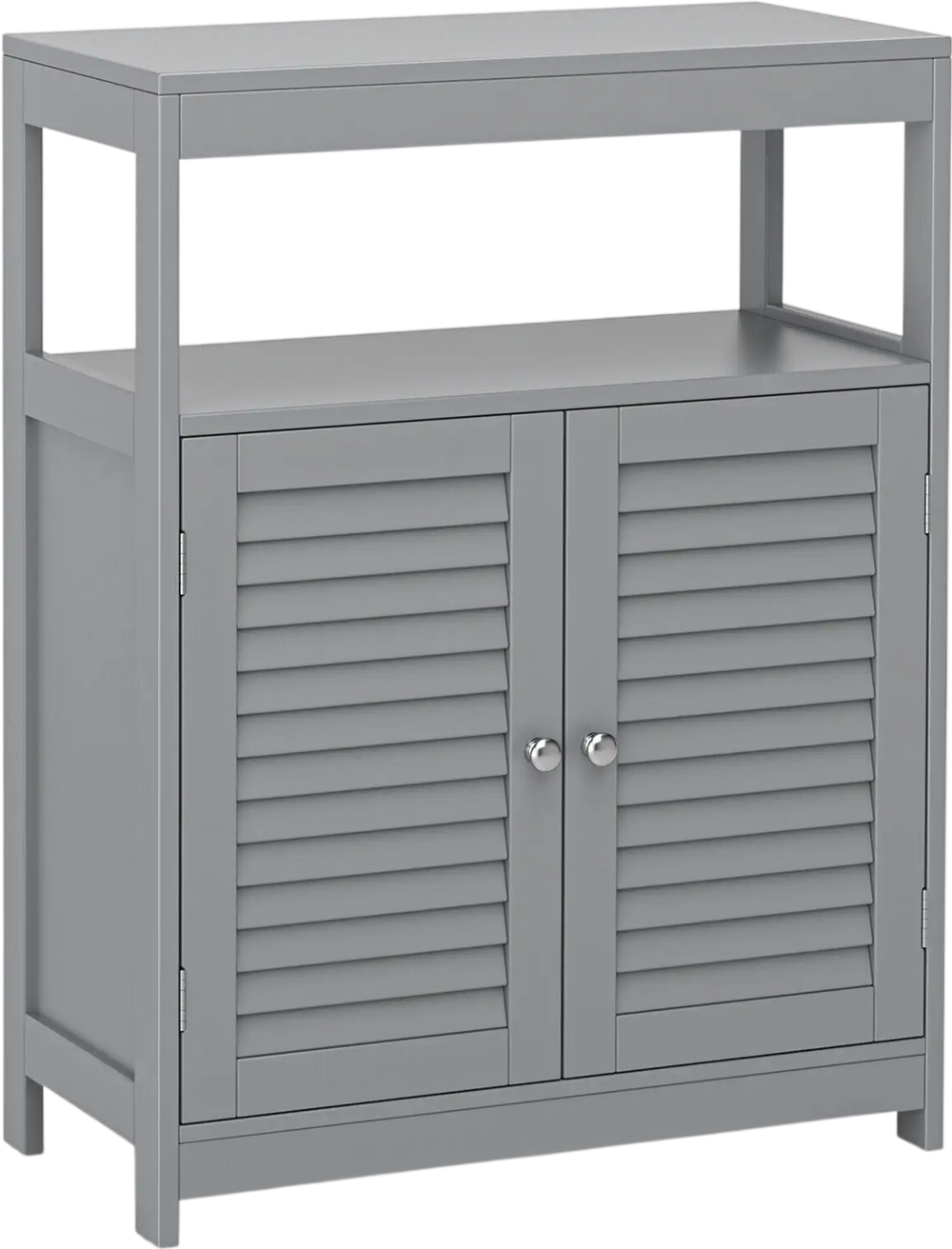 Freestanding gray bathroom cabinet with double shutter doors, adjustable shelf, and open storage for versatile.