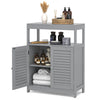 Freestanding gray bathroom floor cabinet with double shutter doors, adjustable shelves, and open storage for towels and.