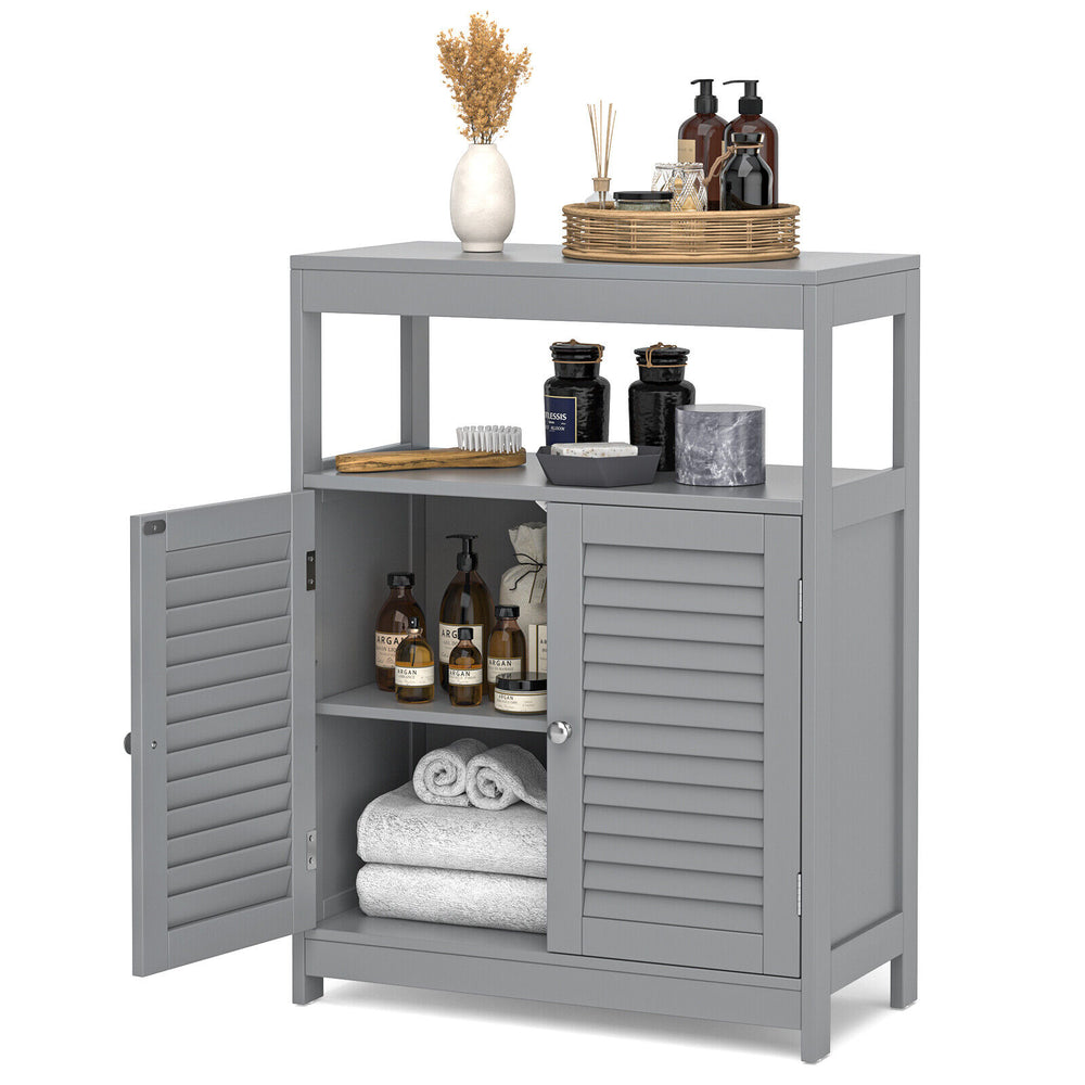 Freestanding gray bathroom floor cabinet with double shutter doors, adjustable shelves, and open storage for towels and.
