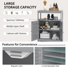 Freestanding gray bathroom cabinet with double shutter doors, adjustable shelves, and spacious storage for towels and.