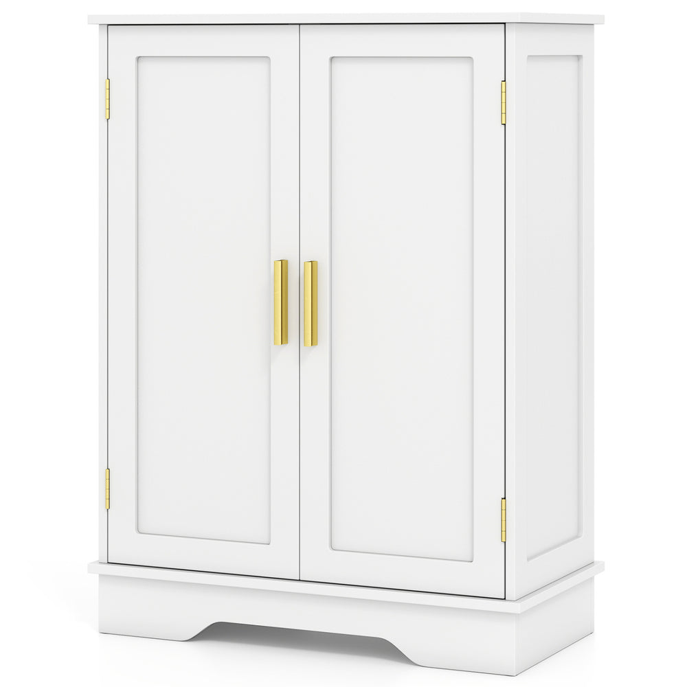 White bathroom floor storage cabinet with 2 doors, adjustable shelves, and gold handles for versatile home organization.