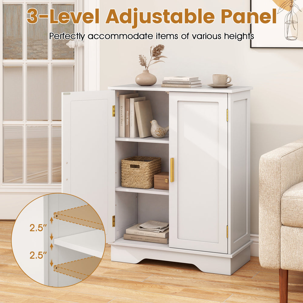 Bathroom floor storage cabinet in white with 2 doors and adjustable shelves, perfect for organizing various items.