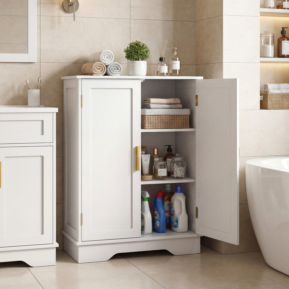 White bathroom floor storage cabinet with two doors, adjustable shelves, and elegant handles, perfect for organized.