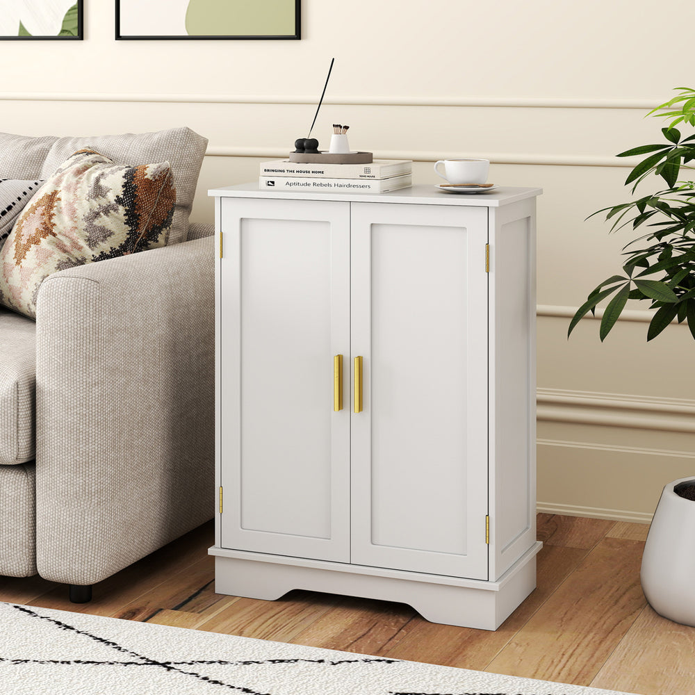 White bathroom floor storage cabinet with two doors, adjustable shelves, and gold handles, perfect for versatile.