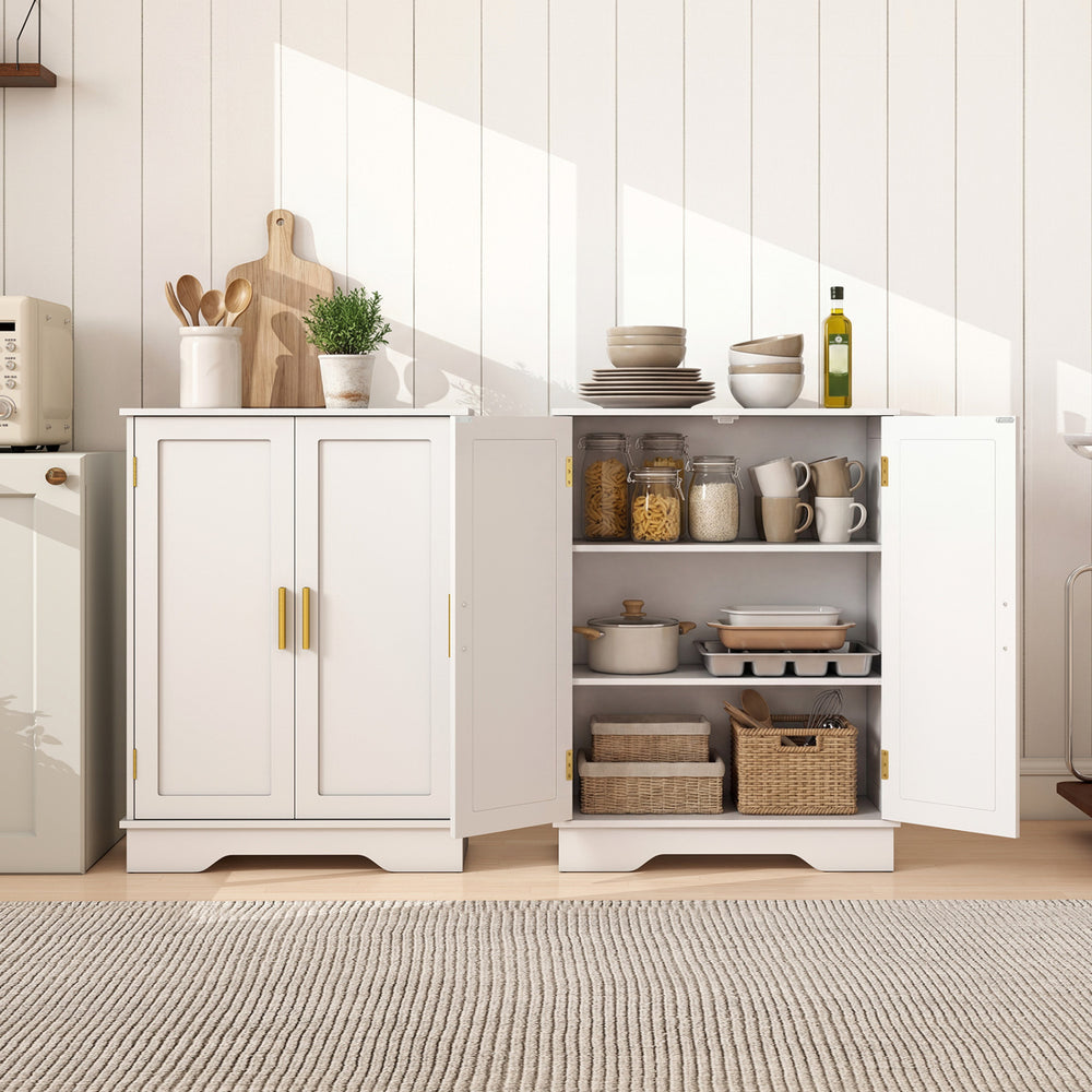 White bathroom floor storage cabinet with two doors, adjustable shelves, and elegant handles for versatile organization.