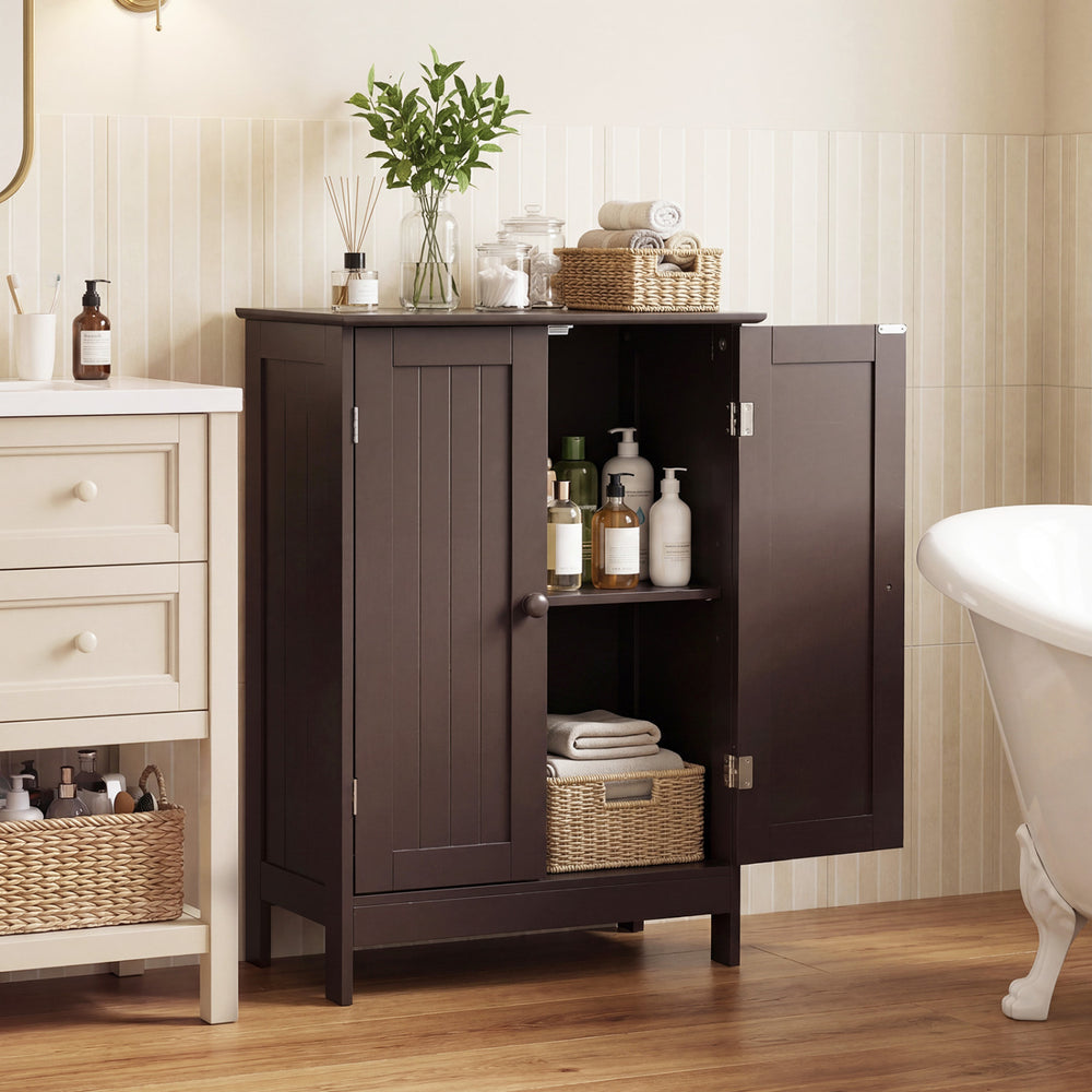 Bathroom Floor Storage Double Door Cupboard Cabinet-Brown - Gallery View 1 of 10