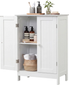 White bathroom floor storage cabinet with double doors and shelves, perfect for organizing toiletries and towels.
