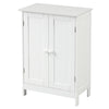 White bathroom floor storage cabinet with double doors and two shelves for organized toiletries and versatile use.