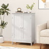 Elegant white bathroom floor storage cabinet with double doors and two shelves, perfect for organizing toiletries and essentials.