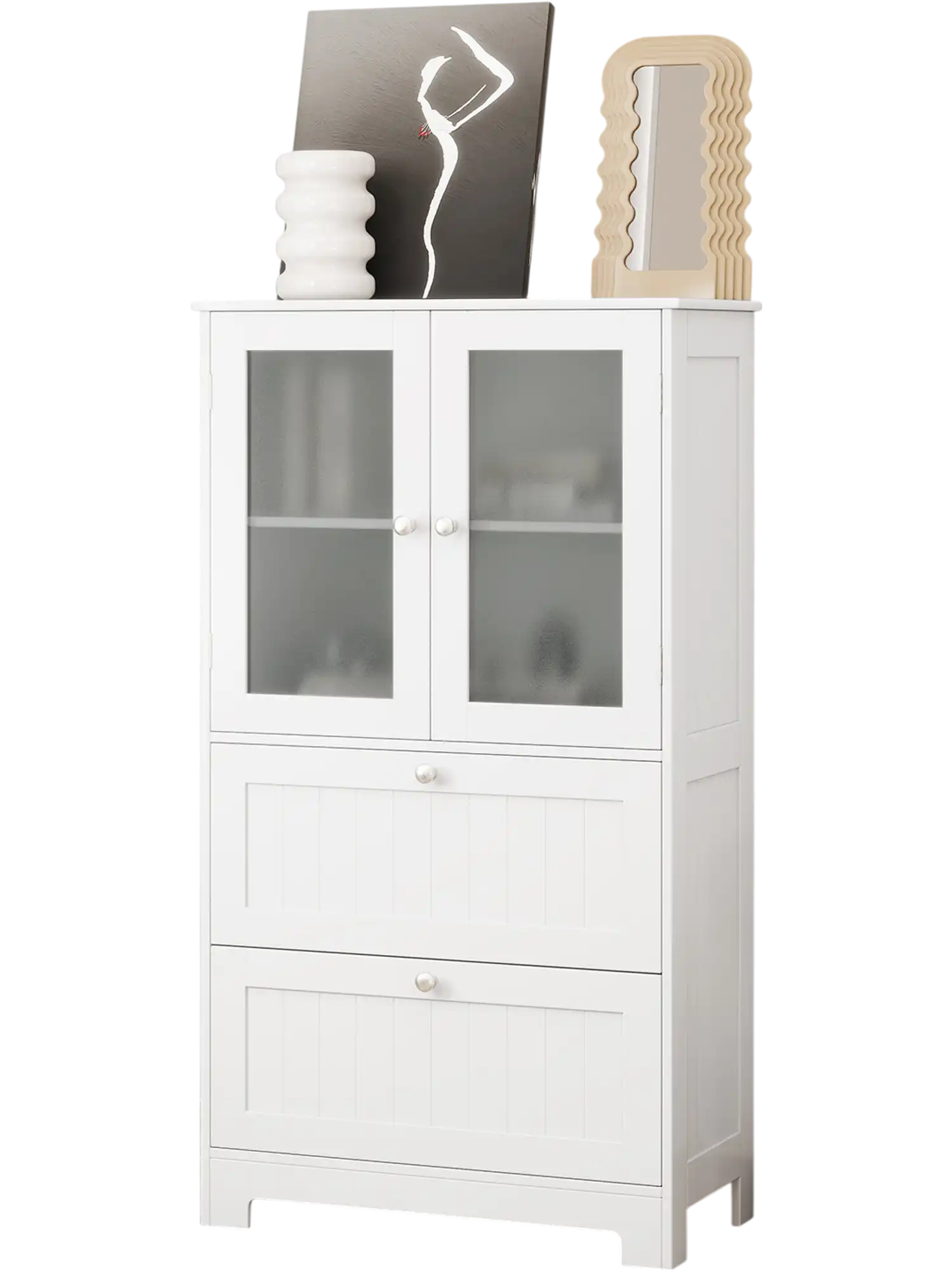 Costway Bathroom Floor Storage Cabinet Freestanding Cupboard Pantry 2 Drawers 2 Frosted Glass Doors White 984751263 New