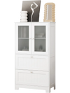Freestanding white bathroom storage cabinet with frosted glass doors, 2 drawers, and adjustable shelf for versatile use.