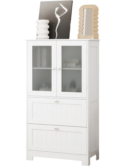 Costway Bathroom Floor Storage Cabinet Freestanding Cupboard Pantry 2 Drawers 2 Frosted Glass Doors White 984751263 New