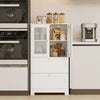 Freestanding white bathroom storage cabinet with frosted glass doors, two drawers, and adjustable shelf for versatile.