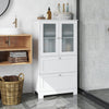 Freestanding white bathroom storage cabinet showcasing frosted glass doors and two drawers, perfect for organized.