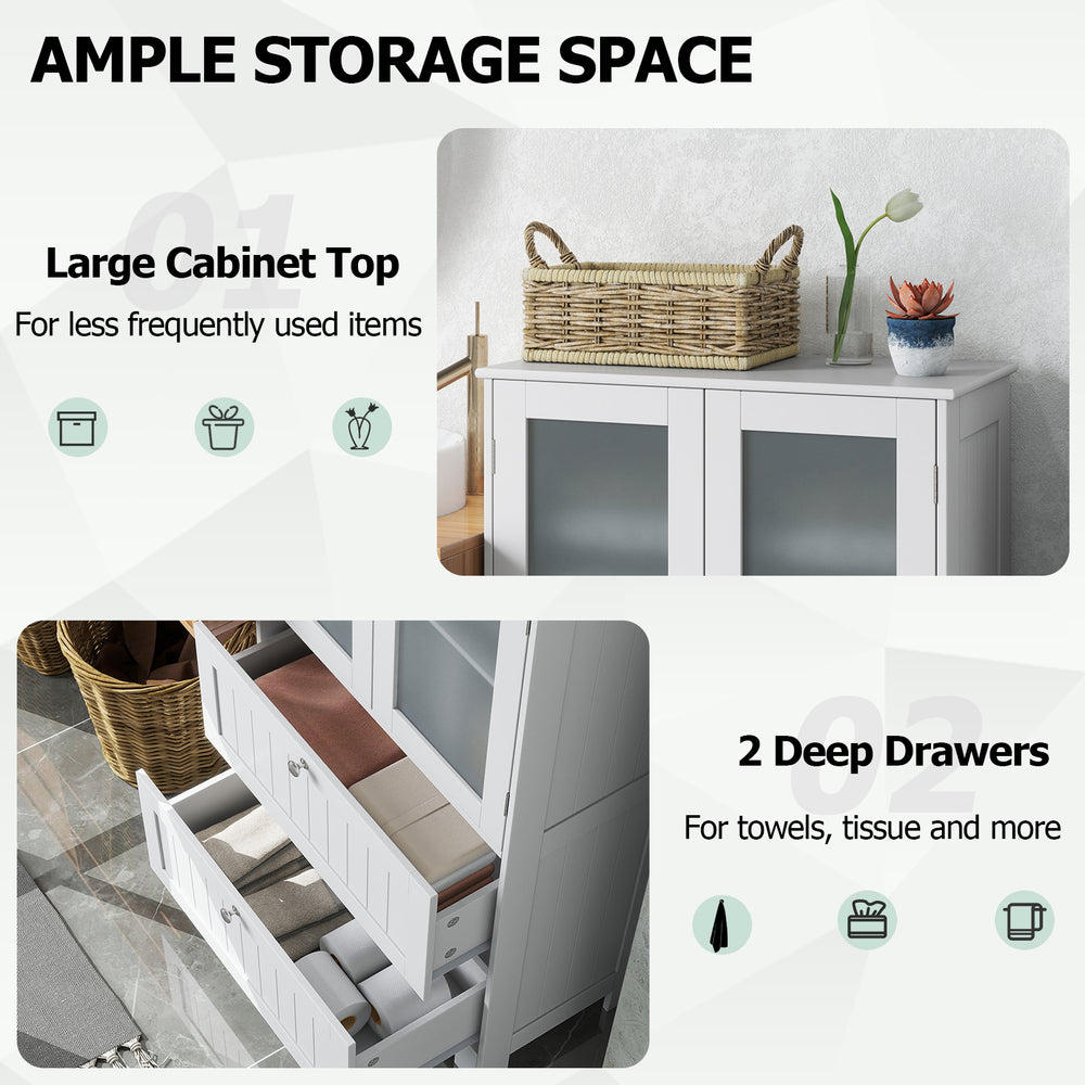Freestanding white bathroom storage cabinet with frosted glass doors, featuring 2 deep drawers for ample organization.