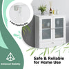 Freestanding bathroom floor storage cabinet in white with frosted glass doors, featuring 2 drawers and anti-toppling.