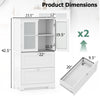 Bathroom floor storage cabinet dimensions showing freestanding design with 2 drawers and frosted glass doors in white.