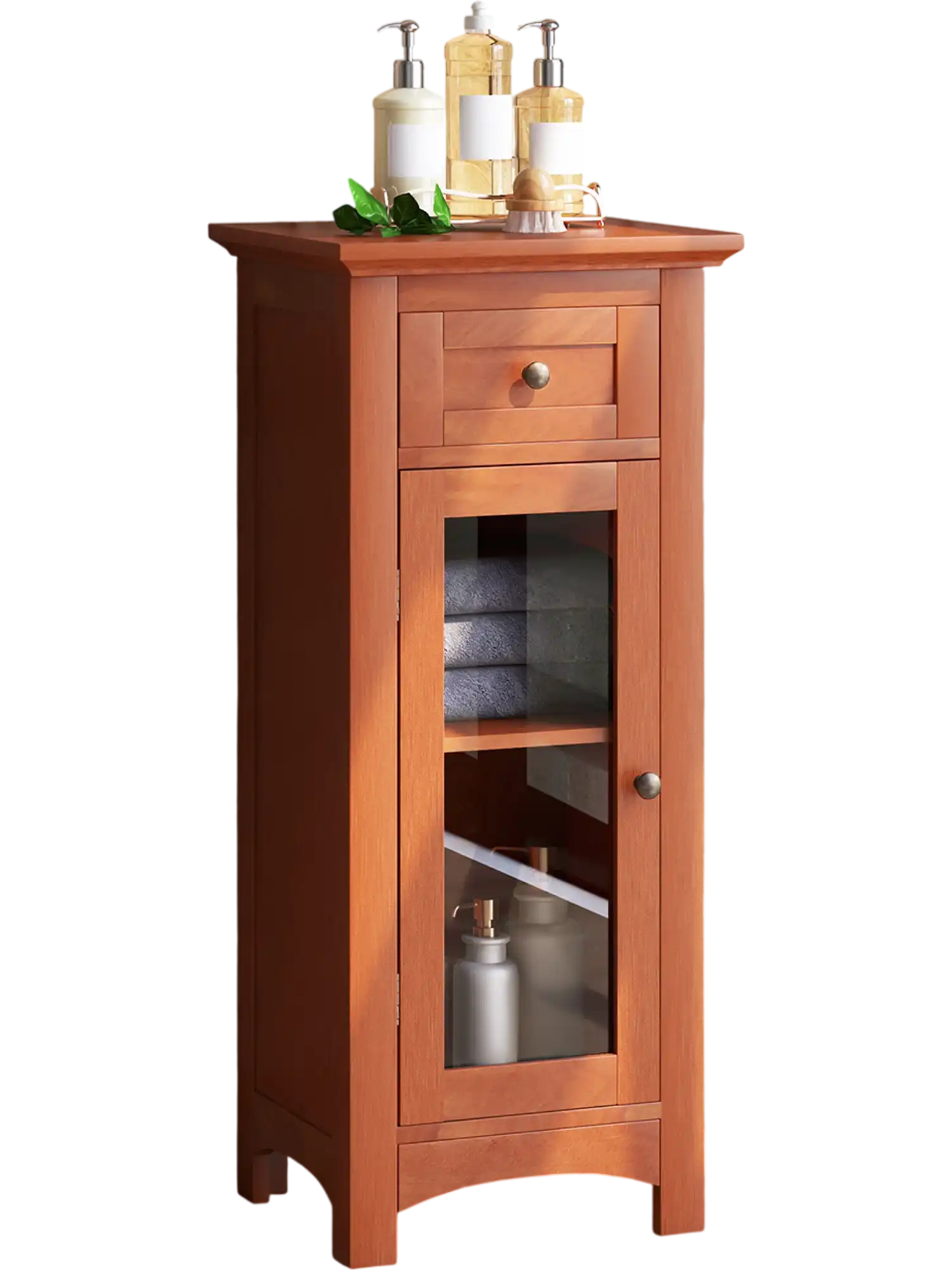 Costway Bathroom Freestanding Storage Cabinet Single Glass Door Brown 36827145 New