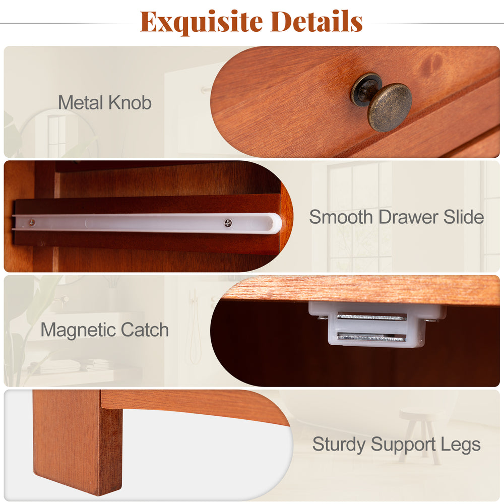 Close-up of the metal knob and smooth drawer slide on a brown bathroom storage cabinet with a glass door.
