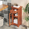 Freestanding brown bathroom storage cabinet with glass door, drawer, and adjustable shelf for organized toiletries and.