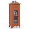 Brown bathroom storage cabinet featuring a single glass door, sturdy support legs, and a smooth top for easy access.