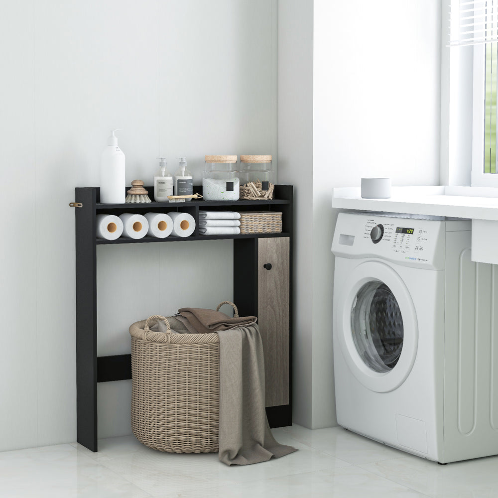 Bathroom over-the-toilet storage organizer in black with adjustable shelves, perfect for maximizing space and keeping.