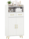 Elegant white bathroom storage cabinet with two doors and ample top space for displaying decorative items and toiletries.