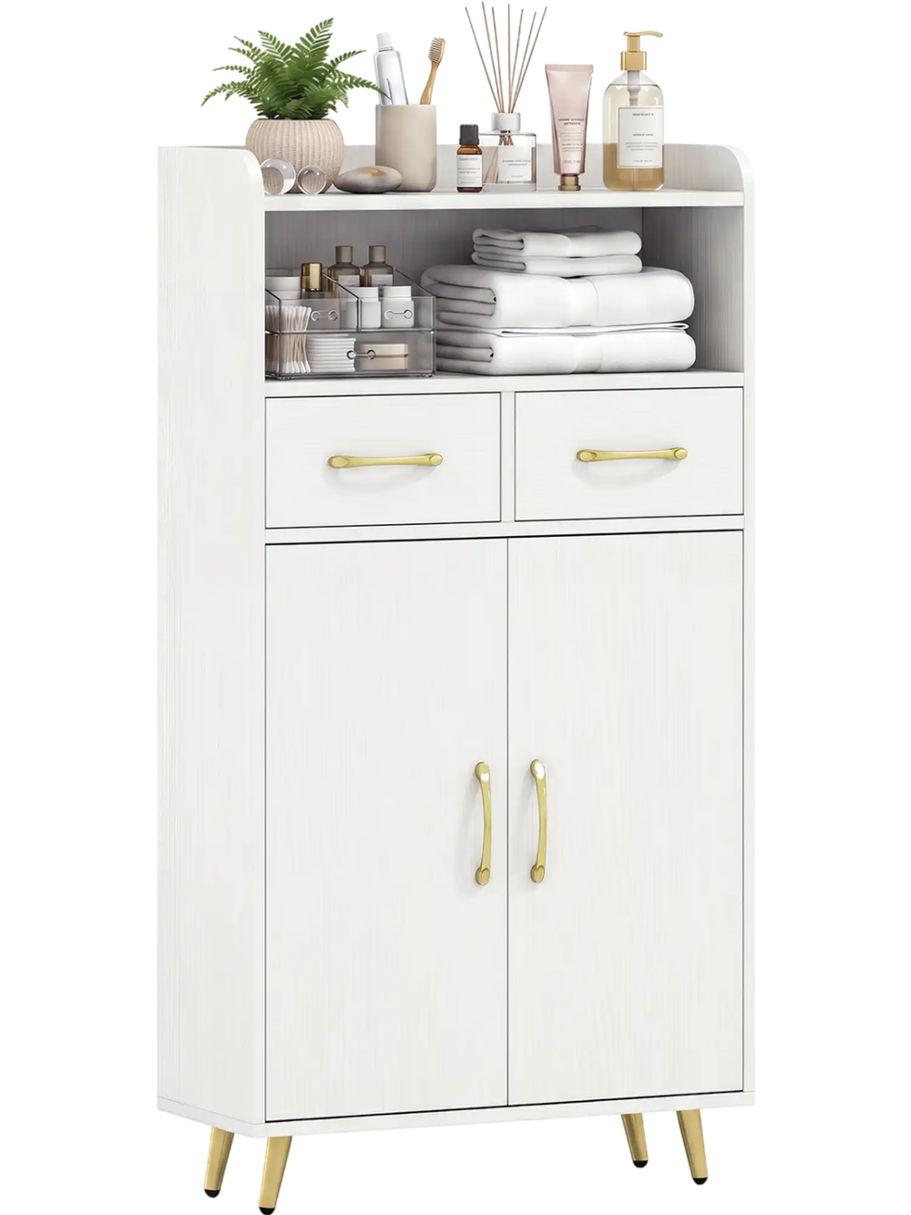 Elegant white bathroom storage cabinet with two doors and ample top space for displaying decorative items and toiletries.