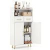 Freestanding white bathroom storage cabinet with 2 drawers and 2 doors, featuring sturdy metal legs for stability.