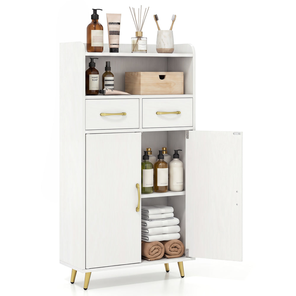 Freestanding white bathroom storage cabinet with 2 drawers and 2 doors, featuring sturdy metal legs for stability.