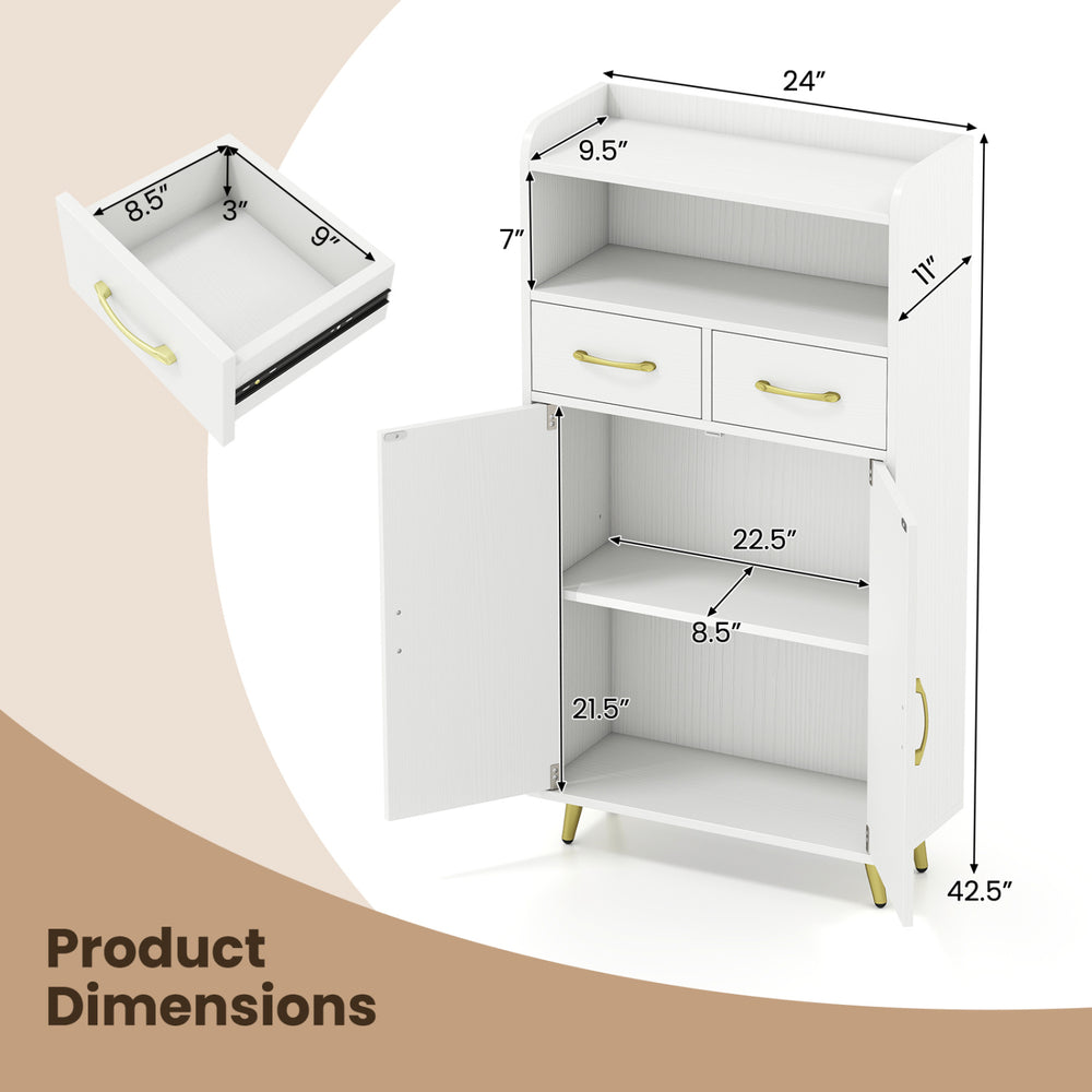 Freestanding white bathroom storage cabinet with two drawers and two doors, featuring adjustable shelves for versatile use.