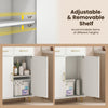 Adjustable and removable shelf in a white freestanding bathroom storage cabinet for accommodating various item heights.