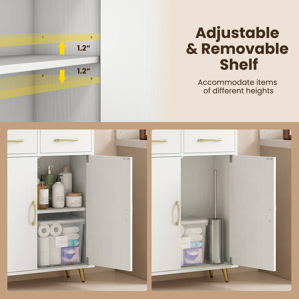 Adjustable and removable shelf in a white freestanding bathroom storage cabinet for accommodating various item heights.
